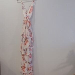 White Floral V-Neck Tiered Maxi Dress with Pink Accents